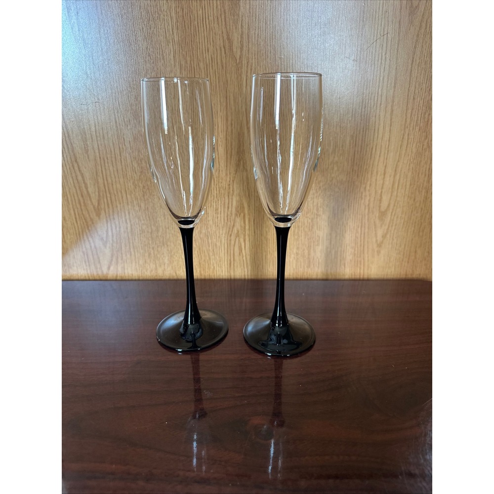 Vintage Black Stem Champagne Flutes Set of 2 Clear Glass Toasting Glasses